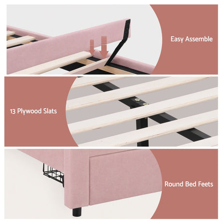 Artiss Double Bed Frame with 2 Storage Drawers Upholstered Velvet Platform Bed LED Headboard Pink, image 8