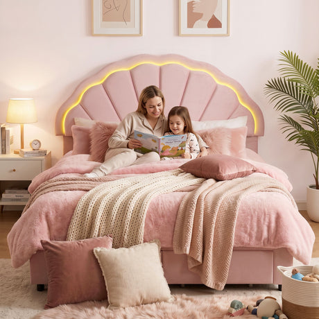 Artiss Double Bed Frame with 2 Storage Drawers Upholstered Velvet Platform Bed LED Headboard Pink, image 9