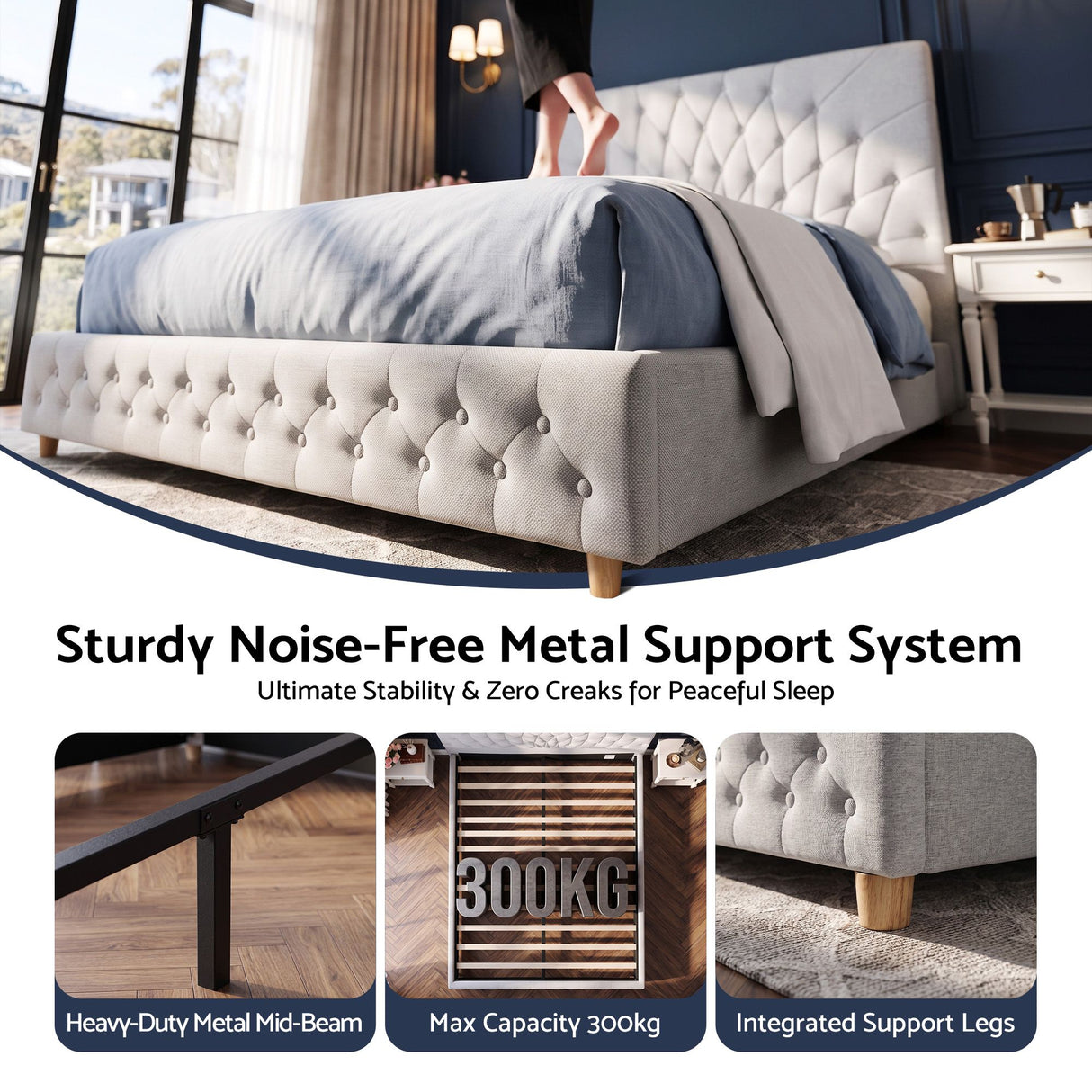 Artiss Double Bed Frame with Tufted Headboard and Plywood Slats Grey