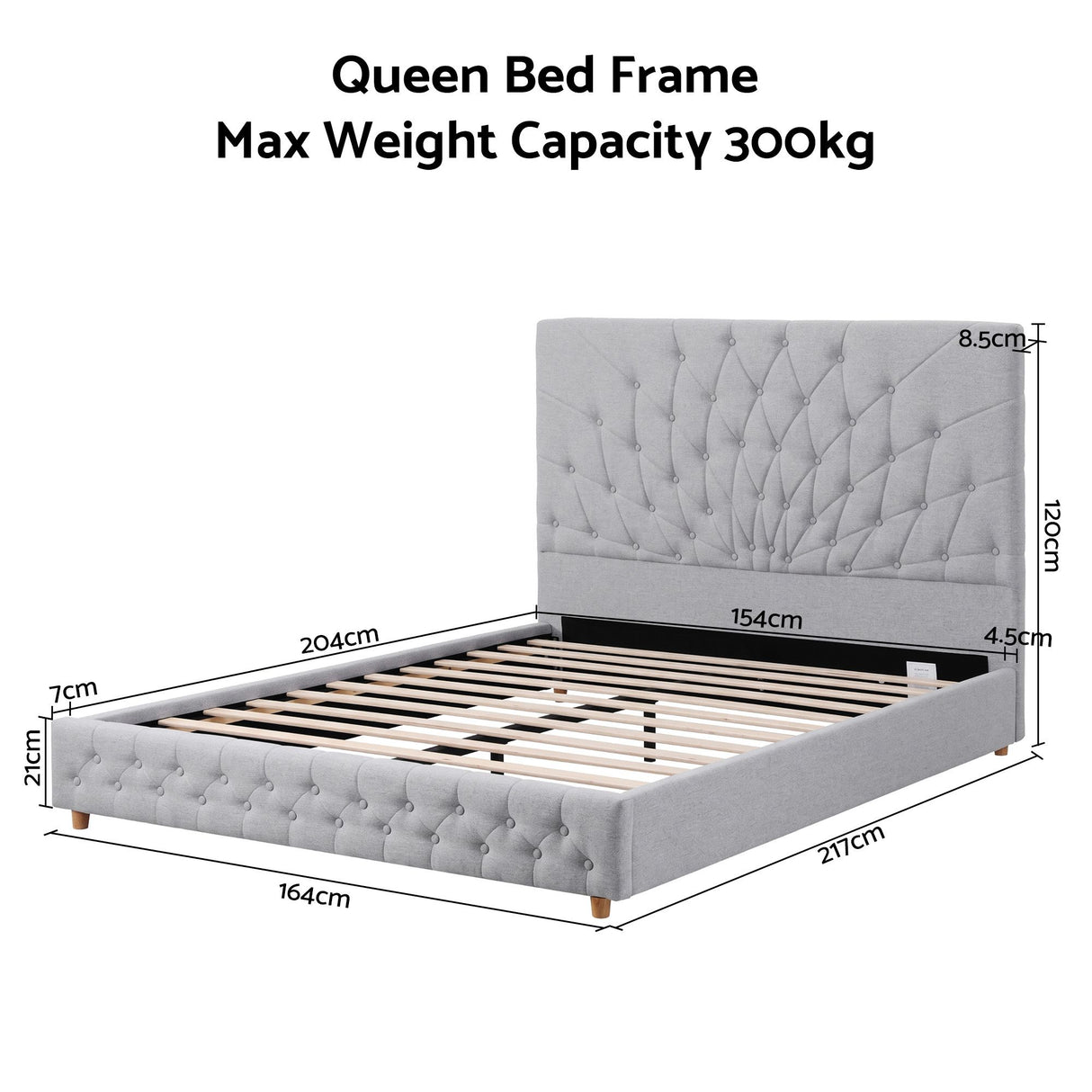 Artiss Queen Bed Frame with Tufted Headboard and Plywood Slats Grey