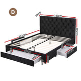 Artiss Double Bed Frame Storage Charging Station Upholstered 3 Drawers USB Type-C - Front View