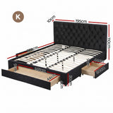 Artiss King Bed Frame Storage Charging Station Upholstered 3 Drawers USB Type-C - Side View