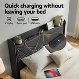 Artiss Double Bed Frame Gas Lift Storage Bed with Charging Ports Upholstered Geometric Headboard Charcoal Grey - Rear View
