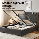 Artiss Double Bed Frame Gas Lift Storage Bed with Charging Ports Upholstered Geometric Headboard Charcoal Grey - Low Angle