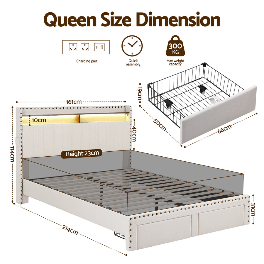 Artiss Queen Upholstered Bed Frame with Shelf Storage Drawers Charging Station Mood Lighting Linen