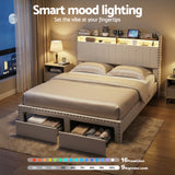 Artiss Queen Upholstered Bed Frame with Shelf Storage Drawers Charging Station Mood Lighting Linen - Close-Up Angle