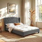 Artiss Double Bed Frame with Wingback Headboard Grey Linen Upholstered Platform Bed Base
