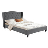 Artiss Double Bed Frame with Wingback Headboard Grey Linen Upholstered Platform Bed Base - Close-Up Angle
