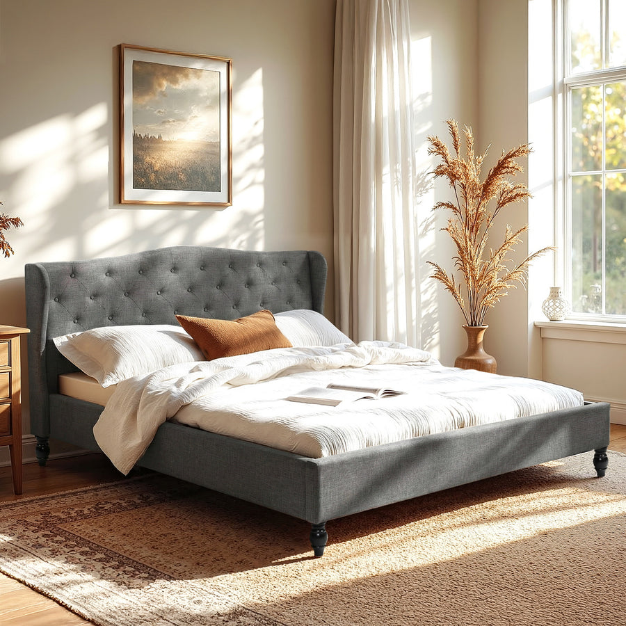 Artiss King Bed Frame with Wingback Headboard Grey Linen Upholstered Platform Bed Base