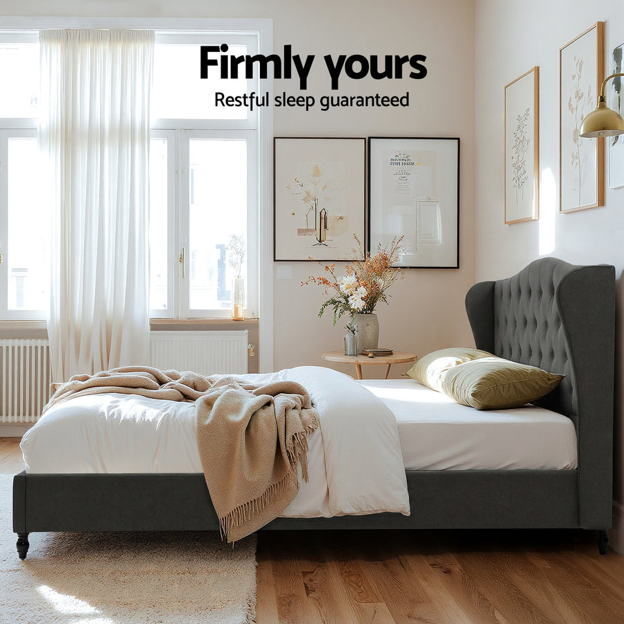 Artiss King Bed Frame with Wingback Headboard Grey Linen Upholstered Platform Bed Base