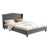 Artiss Queen Bed Frame with Wingback Headboard Grey Linen Upholstered Platform Bed Base - Close-Up Angle