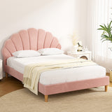 Artiss Bed Frame Double Size Scallop-Shape Bedhead Beds Base Pink Velvet Fabric - Close-Up Angle