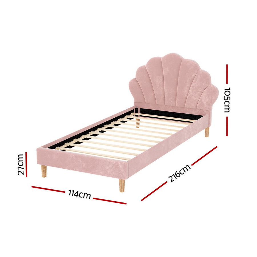 Artiss Rosy king single bed frame with pink velvet scallop bedhead, scallop-shaped velvet bedhead