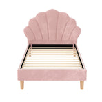 Artiss Rosy king single bed frame with pink velvet scallop bedhead, wooden legs