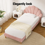 Artiss Rosy king single bed frame with pink velvet scallop bedhead, plywood slat base