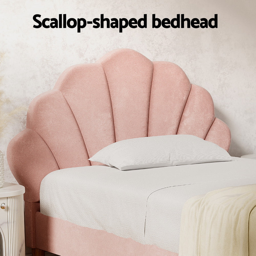 Artiss Rosy king single bed frame with pink velvet scallop bedhead, pink velvet upholstery