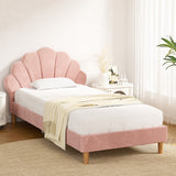Artiss Bed Frame King Single Size Scallop-Shape Bedhead Beds Base Pink Velvet Fabric - Close-Up Angle