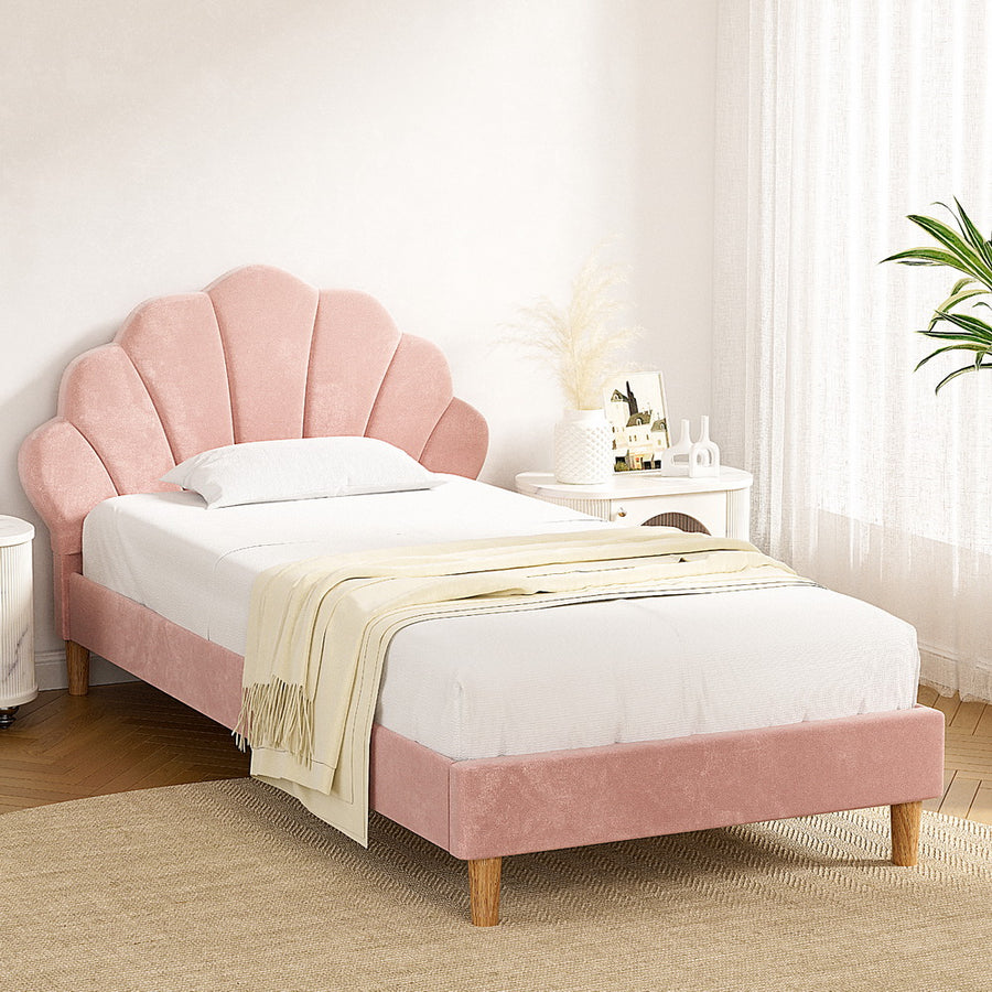 Artiss Rosy king single bed frame with pink velvet scallop bedhead, image 7