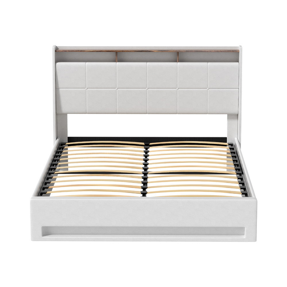 Artiss Bed Frame Gas Lift LED Beds Base Platform White PVC Leather Storage Headboard - Double