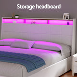 Artiss Bed Frame Gas Lift LED Beds Base Platform White PVC Leather Storage Headboard - King - 45-Degree Angle