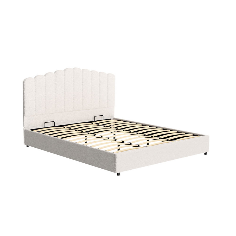Artiss Fion King gas lift storage bed frame in beige boucle with padded headboard, image 7