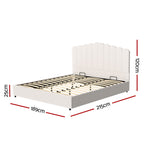Artiss Fion King gas lift storage bed frame in beige boucle with padded headboard, gas lift base raised to show storage