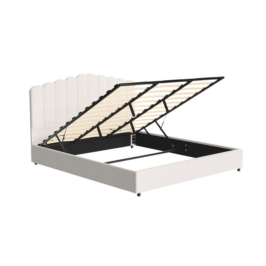 Artiss Fion King gas lift storage bed frame in beige boucle with padded headboard, padded boucle headboard