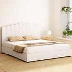 Artiss Fion King gas lift storage bed frame in beige boucle with padded headboard