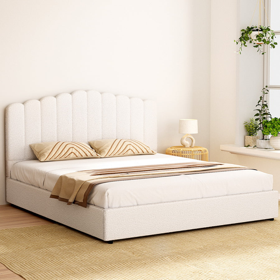 Artiss Fion King gas lift storage bed frame in beige boucle with padded headboard