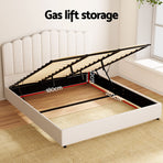 Artiss Fion King gas lift storage bed frame in beige boucle with padded headboard, smooth edge finish