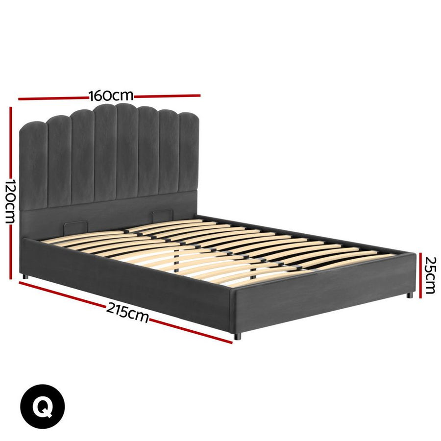 Artiss Bed Frame Queen Size Velvet Grey FION, image 2