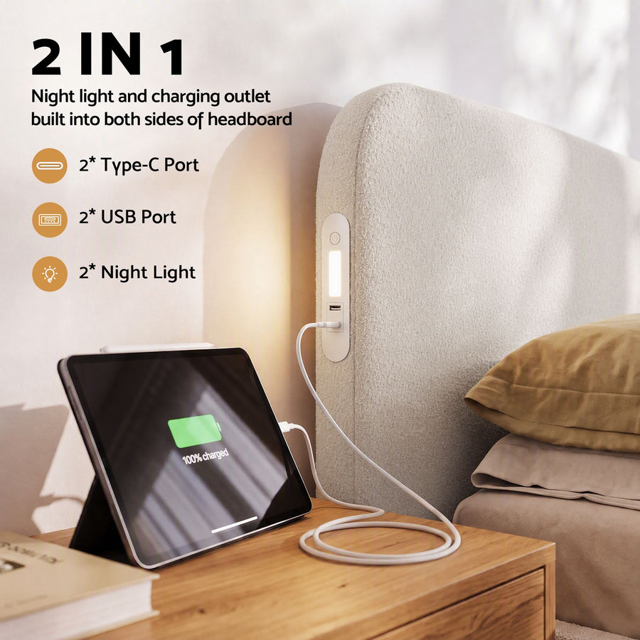 Artiss Double Bed Frame with 100cm Bouclé Headboard, USB-C & Night Lights