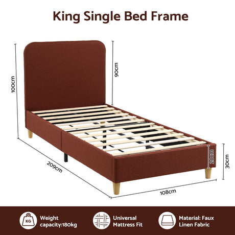 Artiss King Single Bed Frame with Headboard, Faux Linen Fabric Brown, image 3