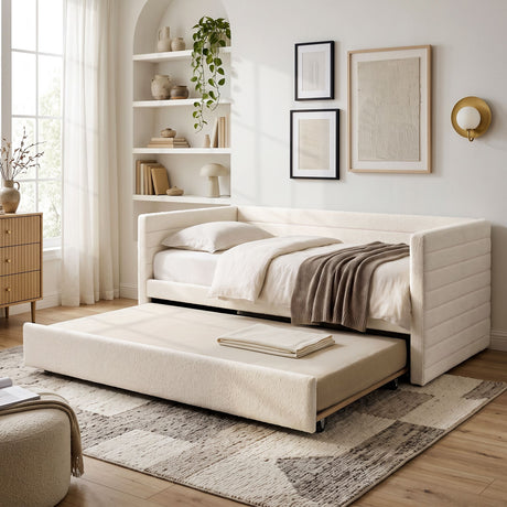 Artiss King Single Daybed with Trundle, Boucle Upholstered Bed Frame Guest Bed