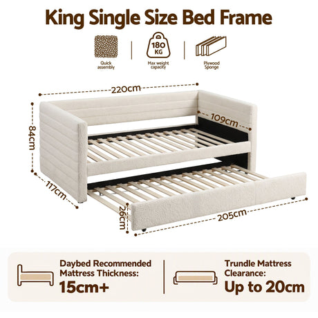 Artiss King Single Daybed with Trundle, Boucle Upholstered Bed Frame Guest Bed, image 3