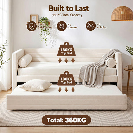 Artiss King Single Daybed with Trundle, Boucle Upholstered Bed Frame Guest Bed, image 6