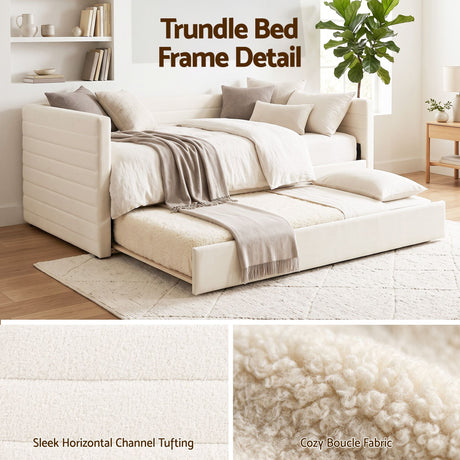 Artiss King Single Daybed with Trundle, Boucle Upholstered Bed Frame Guest Bed, image 7