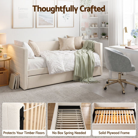 Artiss King Single Daybed with Trundle, Boucle Upholstered Bed Frame Guest Bed, image 8