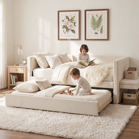 Artiss King Single Daybed with Trundle, Boucle Upholstered Bed Frame Guest Bed, image 9
