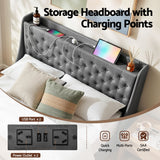 Artiss Double Bed Frame with 4 Storage Drawers and Charging Station Tufted Wingback Headboard 300kg Loads Charcoal Grey - 45-Degree Angle