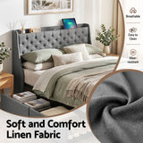 Artiss Double Bed Frame with 4 Storage Drawers and Charging Station Tufted Wingback Headboard 300kg Loads Charcoal Grey - Close-Up Angle