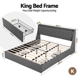 Artiss King Bed Frame with 4 Storage Drawers and Charging Station Tufted Wingback Headboard 300kg Loads Charcoal Grey - Front View