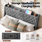 Artiss King Bed Frame with 4 Storage Drawers and Charging Station Tufted Wingback Headboard 300kg Loads Charcoal Grey - 45-Degree Angle