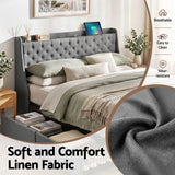 Artiss King Bed Frame with 4 Storage Drawers and Charging Station Tufted Wingback Headboard 300kg Loads Charcoal Grey - Close-Up Angle