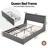 Artiss Queen Bed Frame with 4 Storage Drawers and Charging Station Tufted Wingback Headboard 300kg Loads Charcoal Grey - Front View