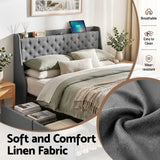 Artiss Queen Bed Frame with 4 Storage Drawers and Charging Station Tufted Wingback Headboard 300kg Loads Charcoal Grey - Close-Up Angle
