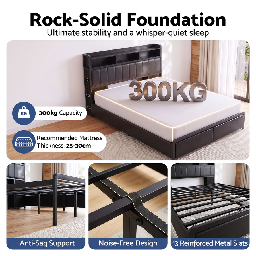 Artiss King Bed Frame with Storage Headboard, 2 Drawers, Charging Station & LED Light