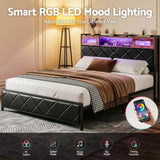Artiss Queen Bed Frame with LED Lights and Storage Headboard Charging Station - Close-Up Angle