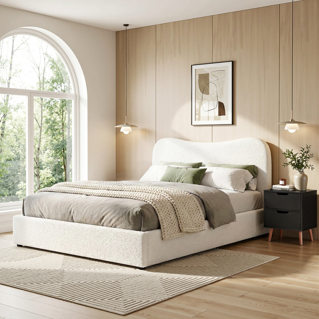 Artiss Double Bed Frame and Bedside Table Set Boucle Beige with Headboard Black Nightstand