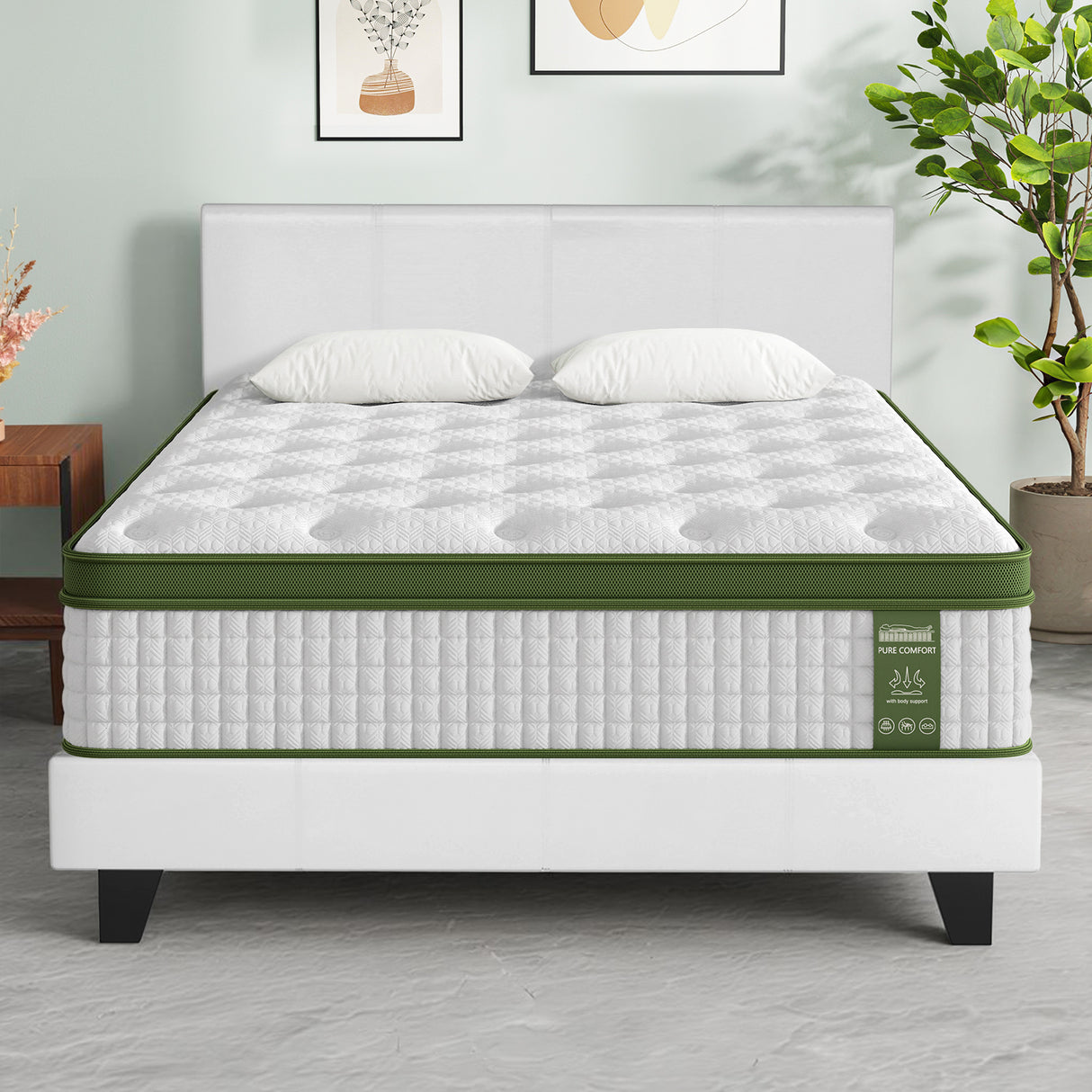 Artiss Double Bed Frame and BedStory Hybrid Mattress Bundle with Headboard White